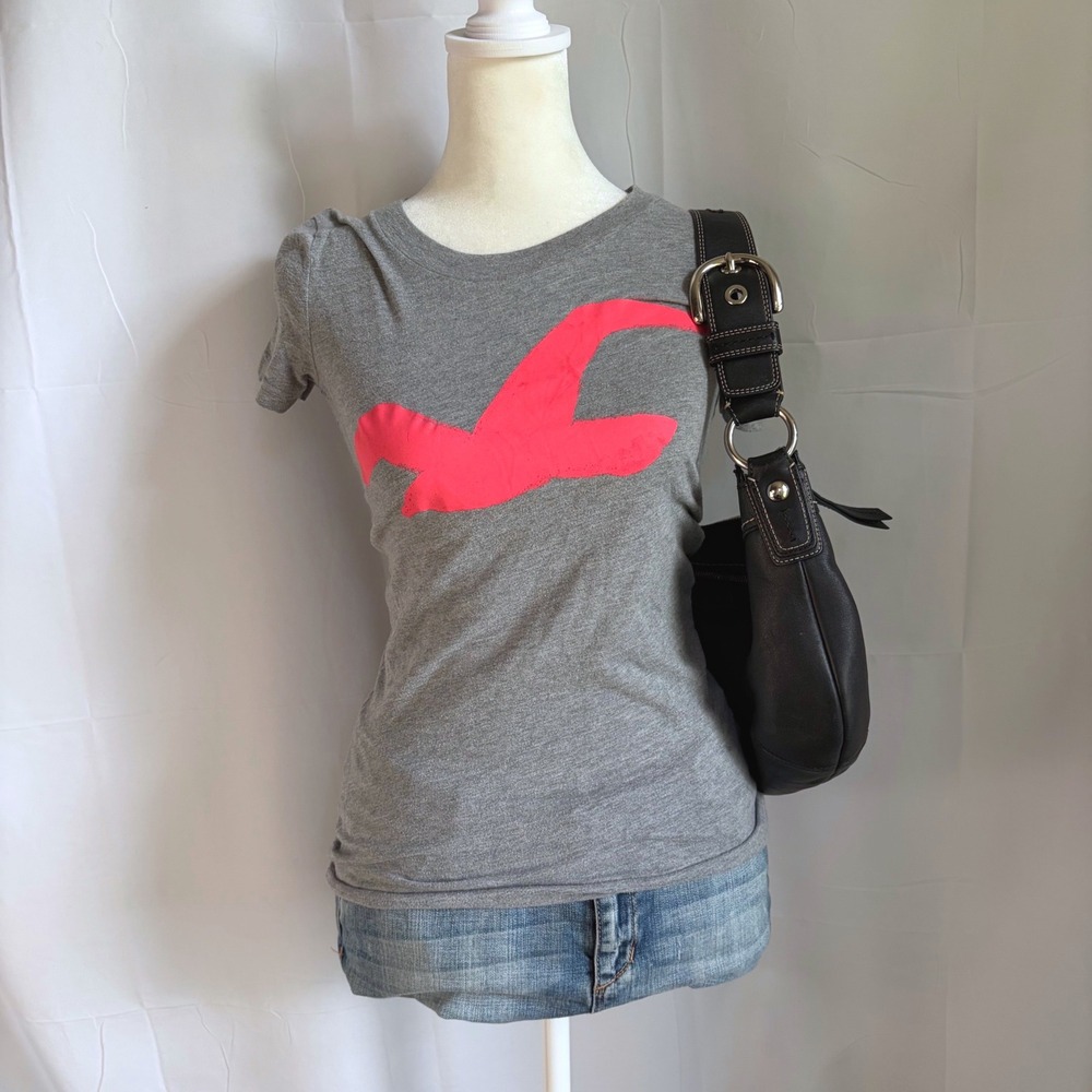 Y2K Rare Hollister California XS Gray Pink Seagull Logo Short Sleeve